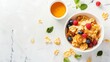 © Ilja - Delicious american breakfast  cornflakes, berries, honey on white background with copy space