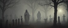 Two Ghost In A Cemetery With Spooky Eyes
