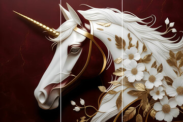  Home panel wall art three panels, maroon marble with gold horse white flowers and leaves and feather silhouette