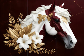 Wall Mural - Home panel wall art three panels, maroon marble with gold horse white flowers and leaves and feather silhouette