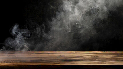 Aufkleber - On a black background an empty wooden table with smoke floats up Empty space for displaying your products with a smoke float up on a dark background Space available for displaying your : Generative AI