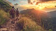 Group hiking at sunset in mountains, adventure tourism and outdoor activities, journey in nature