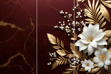 Wall Mural - Home panel wall art three panels, maroon marble with golden, white flowers and leaves and feather silhouette