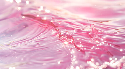 Poster - Abstract summer banner background Transparent pink clear water surface texture with ripples splashes and bubbles Water waves in sunlight with copy space Cosmetics moisturizer micellar  : Generative AI