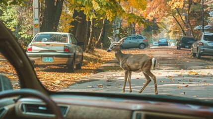 Wall Mural - A driver swerving to avoid hitting an animal and crashing into a tree.