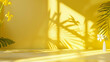 Abstract yellow color gradient studio background for product presentation Empty room with shadows of window and flowers and palm leaves  3d room with copy space Summer concert Blurred  : Generative AI