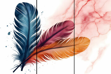 Wall Mural - Home panel wall art three panels, color marble background with feathers silhouette