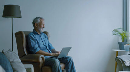 Smiling mature man using laptop sitting on armchair in living room Happy confident senior male adult resting at home working on pc typing on keyboard isolated on white studio wall full : Generative AI