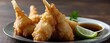 Fried shrimp, peeled in tempura, soy sauce, close-up, on a wooden board,