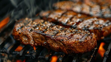 Wall Mural - Delicious juicy beef steak on a barbecue grill, close-up