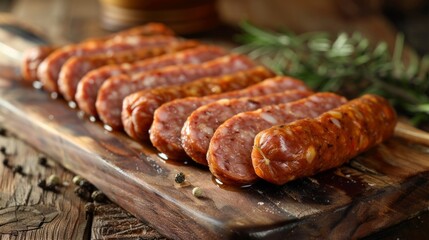 Wall Mural - Slices of sausage on a cutting board, close-up, cut sausage before heating