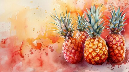 Watercolor painting of pineapple fruit on abstract watercolor background.