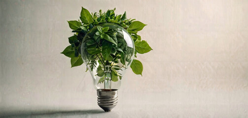 Wall Mural - Flying green leaves around the lightbulb. Renewable green energy concept.