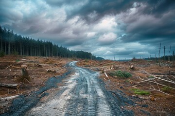 Aftermath of Tree Felling on a Desolate Forest Road