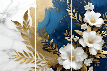 Wall Mural - Home panel wall art three panels, golden and blue marble with golden, white flowers and leaves and feather silhouette