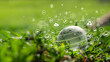 Crystal ball on grass in green forest - environmental concept, ecology and sustainable environment of the world. Icon on green ball