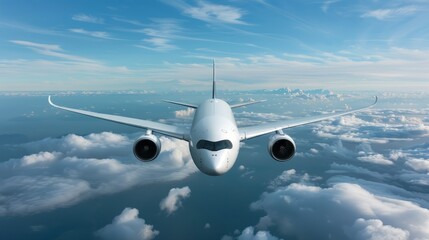 Wall Mural - A white airplane flying in the sky, plane is seen from front view, plane has two engines on each side of it