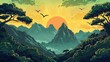Illustration fantasy mountain viewside with sun rising, birds flying, magical trees and enchanted animals on the bottom. Comic style, vibrant colors, thick black outlines, clean and crisp