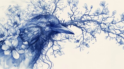 Wall Mural - Kaua'i o'o bird in style of biological anatomical book Abstract Blue ink on white paper under a magnolia tree