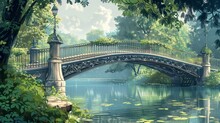 An Illustration Of A Picturesque Bridge With Intricate Ironwork And Leafy Vines Weaving Through Its Railings