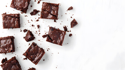 Poster - Chocolate brownies on white background top view copy space Delicious homemade dark chocolate dessert brownie : Generative AI