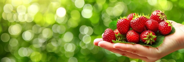 Wall Mural - Fresh strawberries held in hand, selection with copy space on blurred background