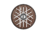 Fototapeta  - Old wooden round shield decorated with norse symbol of web of wyrd also known as the nore matrix of fate isolated on white background