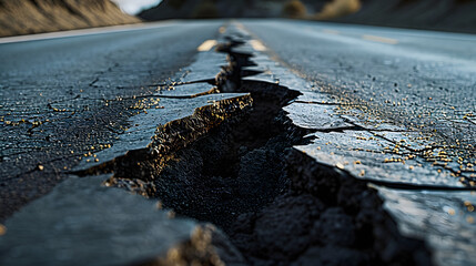 Canvas Print - make a big asphalt road. and in the middle of it there was a large crack dividing the asphalt, a very deep and dark crack with parts of the asphalt falling into the hole of the giant crack seen from a