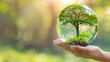 An artistic representation of a hand holding a glass earth globe  a lush tree sprouting within  emphasizing environmental care