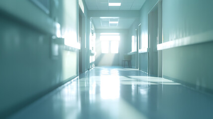 Poster - Bright empty defocused hospital corridor background with copy space : Generative AI