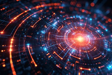 Poster - Intense scene inside a cybersecurity war room, Graphic representation of digital security, red shield on a circuit board, symbolizes cyber defense amidst intricate pathways of technology.