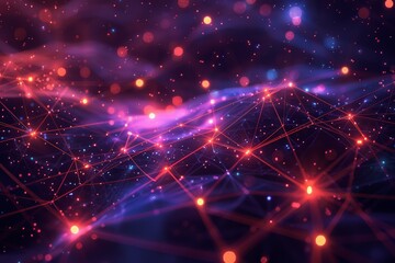 Poster - Intense scene inside a cybersecurity war room, Complex network of nodes and connections with lights, abstract representation of data, neural networks, cosmic web, underlining connectivity.