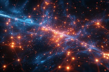 Poster - Intricate network of computers linked by glowing lines,  Abstract network of nodes with glowing connections, deep blues and fiery oranges, evokes complex data interactions or neural pathways.
