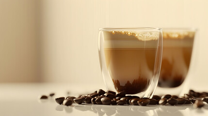 Poster - close up of double glass cup of fresh latte coffee with coffee beans on white table and copy space : Generative AI