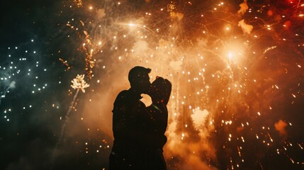 Canvas Print - A couple kissing under a shower of fireworks during 4th of July celebrations.