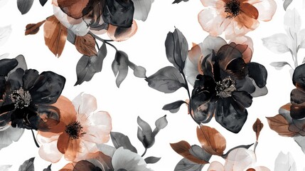 Watercolor style seamless floral pattern with black brown and white colored flowers