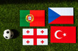 Group F at Europe football tournament in Germany in 2024. Flags of Turkey, Georgia, Portugal, Czech Republic and soccer ball on green grass