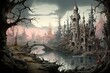 A fantastical chimera castle, nestled on the banks of a river meandering through a sleepy forest