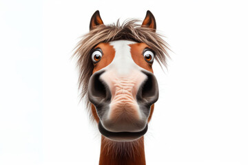 funny face of a surprised horse shot at a wide angle isolated on a white background