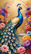Illustration of colorful peacock surrounded by spring flowers