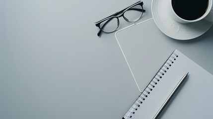 Poster - Top view White Office desk with computer Pen eyeglass notebook and cup of coffee copy space Mock up : Generative AI