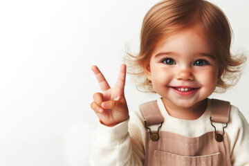 Little baby with a smiling happy face shows a peace sign with her fingers on bright color background