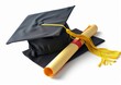 A black graduation cap with yellow tassel and red square design on the front next to it is a diploma scroll Generative AI