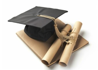 Poster - Black graduation cap with tassel and diploma on white background isolated Generative AI