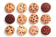 set of variety chocolate chip cookies on white background