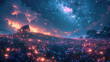Beautiful fantasy landscape with a small house in the distance, glowing under a starry sky, with purple and orange tones, beautiful clouds and fog. Created with Ai