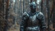medieval knight standing  in metal armor with sword and helmet