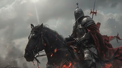 Wall Mural - medieval knight on horse in metal armor with sword and helmet