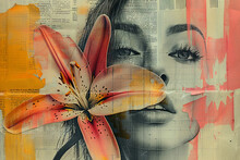 Abstract Woman Portrait With Newspaper Texture And Orange Lily