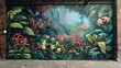 A mural of a jungle with a variety of flowers and plants. The mural is painted on a brick wall